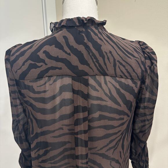 ba&sh Sisco Animal Print Ruffle Sheer Blouse Brown Black Naturel Career Sz Small - Picture 8 of 12